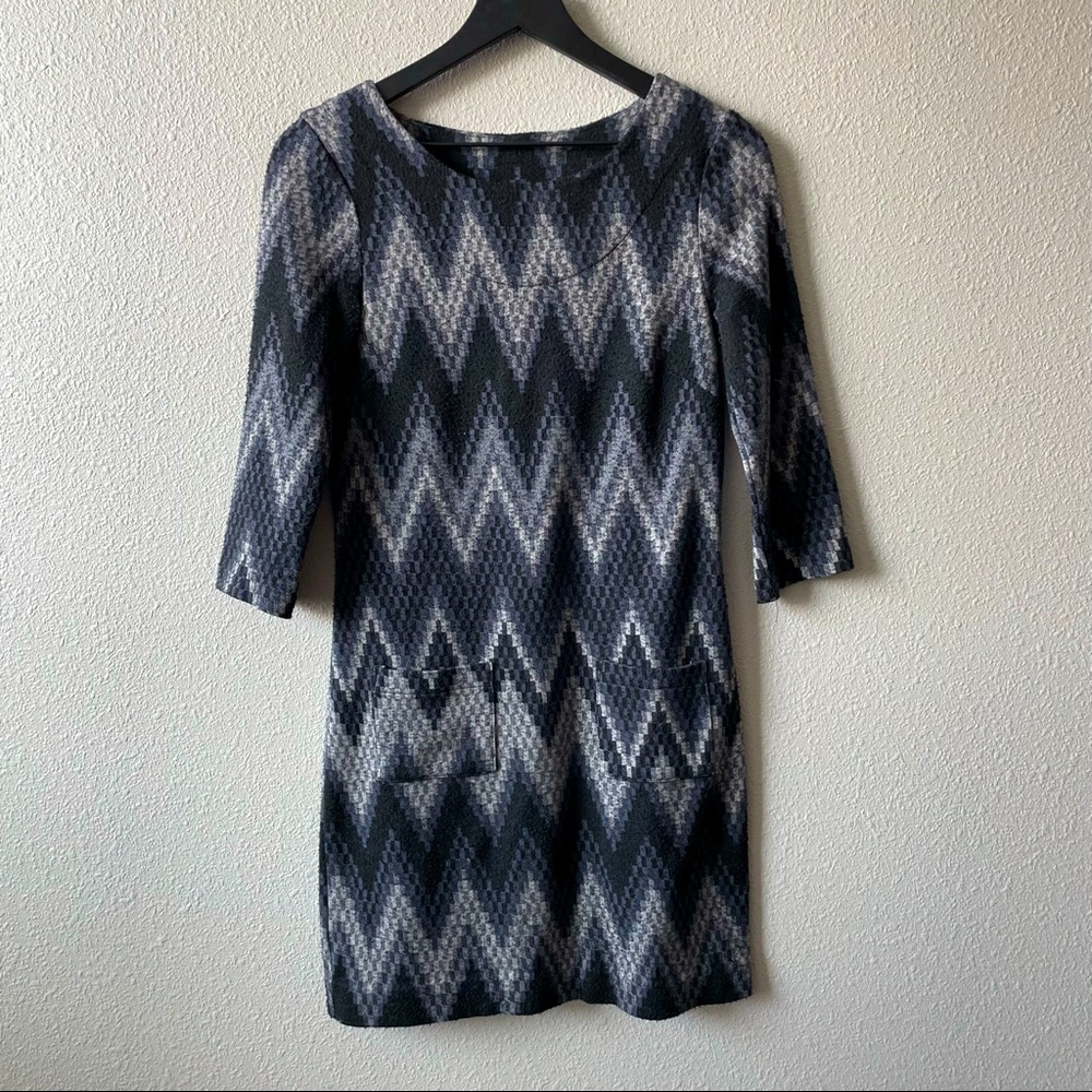 Three Dots Monochrome Chevron Print Knit 3/4 Sleeve Mini Sweater Dress Sm Cozy